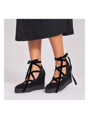 Castañer Black Balletcore Velvet Lace Up Wedge Espadrilles EU 40 US 9